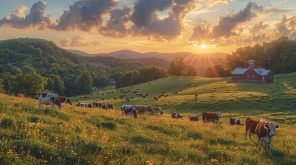 Wall Mural - A herd of cows are grazing in a field with a red barn in the background