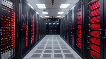 Wall Mural - A large room with many computer servers and a red wall