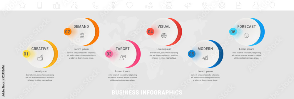 timeline infographic 6 vector hd images, 6 circle data... Vector timeline infographics template with six circles and options ...