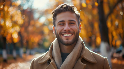 Smiling Young Man in Autumn Park, Showcasing Joy and Warmth