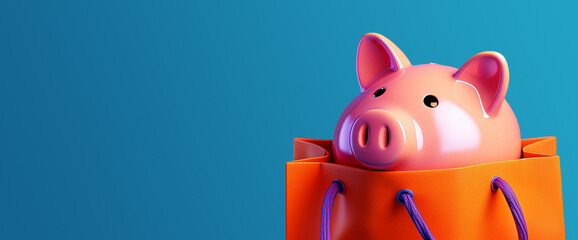 Extreme close-up of a smiling pink piggy bank inside an orange shopping bag with purple strings against a blue background with copy space. Shopping savings concept. Generative Ai.