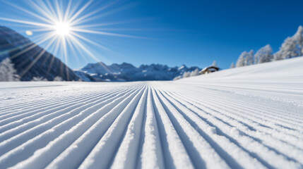 Wall Mural - New groomed ski paste or slope. Lines in snow with sunny mountains background. Winter skis concept