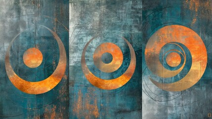 Set of three abstract grunge geometric wall art panels with orange swirls on a textured blue background