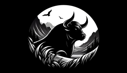 Canvas Print - a black and white image of a bull with horns