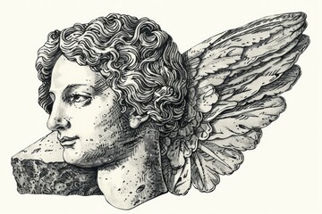 Wall Mural - Black and white illustration of a mystical head with wings, suitable for fantasy or mystic-themed designs