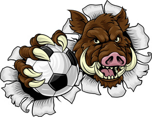 Poster - A wild boar, hog razorback warthog pig mean tough cartoon sports mascot holding a soccer football ball