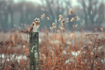 Wall Mural - a small owl is perched on a wooden post in a field of tall grass. the scene is serene and peaceful, 