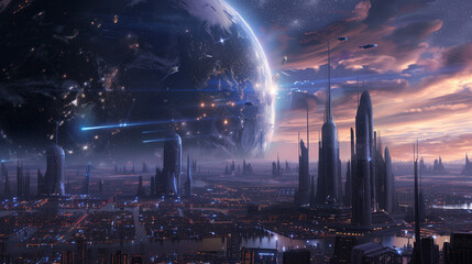 futuristic city with a planet in the background