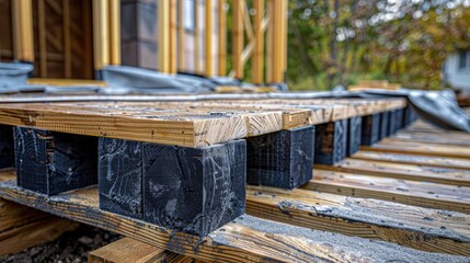 Wall Mural - A wooden plank with black blocks on it. The black blocks are on the wood and the wood is on the ground