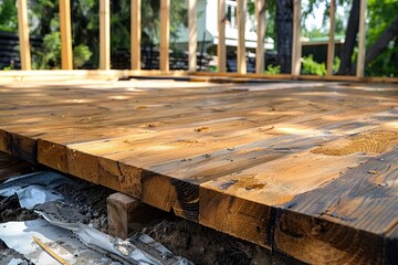 Wall Mural - A wooden deck is being built with a lot of attention to detail. The wood is being stained and the deck is being constructed with precision. Scene is one of hard work