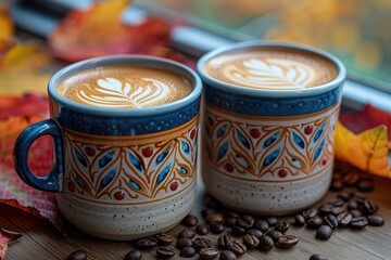 Wall Mural - Two coffee cups with leaves on them and coffee beans on the table