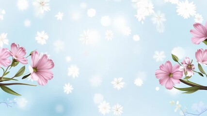 Canvas Print - Blue background with pink flowers and white snowflakes