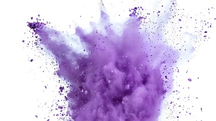 Dynamic purple powder explosion on white background, vibrant purple color palette concept