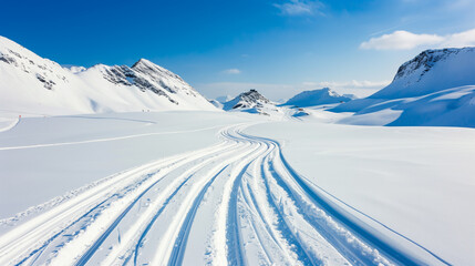 Wall Mural - View of deserted ski slopes in the mountains, empty pistes with snow tracks