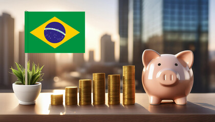 flag of Brazil and piggy bank with columns of coins,against blurry city buildings.Business,earnings,make money,finance and economy concept.