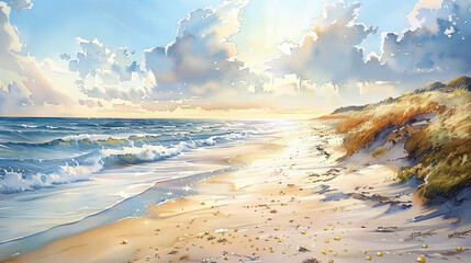 Poster - A painting of a beach with the sun shining on the water. The mood of the painting is peaceful and serene