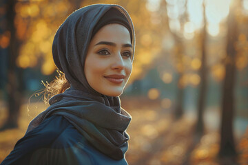 Poster - Arabian woman in traditional hijab clothes living in big city having modern life sports job leisure Generative AI