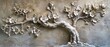 © faysal - tree in flower on textured plaster wall art. Detailed floral motifs in a classical style stucco relief, Generative AI.