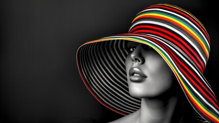 Poster - Elegant woman wearing a colorful striped hat in a monochrome setting. Stylish portrait showcasing vibrant accessories. Perfect for fashion, art, and design concepts. AI