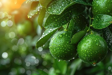 A tree with green leaves and two green fruits hanging from it