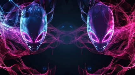 Wall Mural - Symmetrical Cybernetic Alien Faces with Neon Glow and Abstract Lines