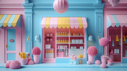 A colorful store front with pink and blue walls and a pink awning