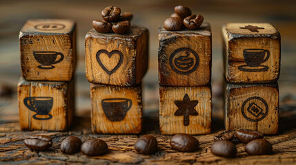 A stack of wooden blocks with coffee-related symbols on them, including a heart