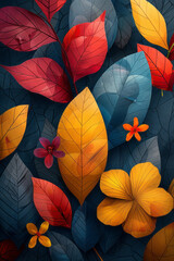 Wall Mural - Clean and modern image of vibrant geometric forms interwoven with colorful floral and leaf patterns,