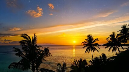 Wall Mural - Sunset over tropical beach with palm trees