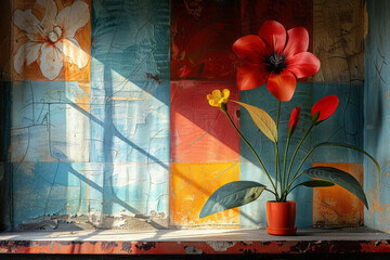 Wall Mural - Clean representation of abstract geometric blocks and colorful floral motifs, producing a harmonious visual,