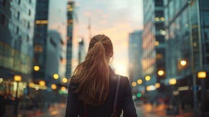 Wall Mural - Woman Walking in Modern City at Sunset with Skyscrapers and Lights in Background