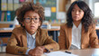 © Iuliia Metkalova - Woman teacher tutor helping multiracial boy student with homework learning in classroom. Day care studies. Generative ai