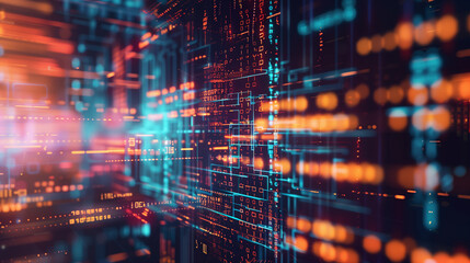 A computer screen with a lot of code on it. The code is in blue and orange. Concept of technology and the complexity of computer programming