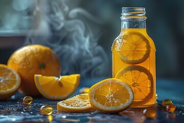 A bottle of orange juice is on a table with a few slices of oranges