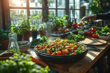 Wall Mural - A table with a large bowl of salad and a variety of vegetables