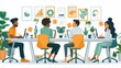 © Pattarin - Business team working together, brainstorming, discussing ideas for project. People meeting at desk in office. illustration for co-working, teamwork, workspace concept, flat illustration