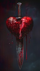 A red, bloody heart pierced by a knife on a dark background creates a chilling scene, evoking horror and intensity.