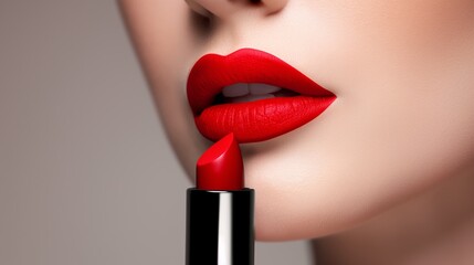 Wall Mural - A woman is holding a red lipstick. The lipstick is a shade of red that is bold and vibrant. The woman's lips are full and plump, and the lipstick adds to the overall look of confidence and beauty