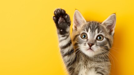 Wall Mural - A kitten is waving its paw in the air. The kitten is looking at the camera with a curious expression