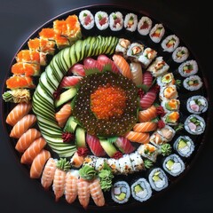 Canvas Print - Colorful array of assorted sushi displayed in a circular pattern. Perfect for Japanese food lovers. Ideal for culinary blogs, restaurant promotions, or menu designs. AI