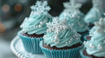 Wall Mural - aqua blue  cupcakes with snowflake toppings for holiday season, christmas festive