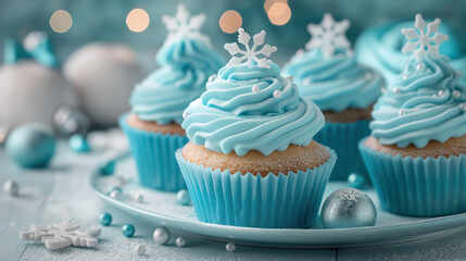 Wall Mural - winter fairytale cupcakes with aqua blue frosting and snowflake decorations for christmas festive