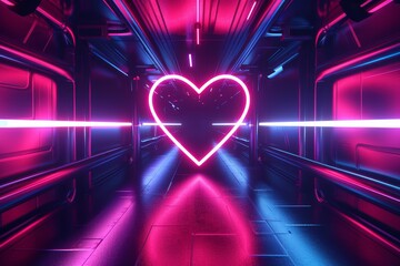 Wall Mural - Futuristic Neon Glow Heart in Retro Synthwave Style on Black Background.