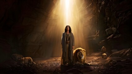 Daniel in the Lion's Den Surrounded by Calm Lions, Bathed in Divine Light, Illustrating Biblical Faith and Religious Miracle in a Scene of Peace and Protection