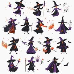 A Collection of Witches Dressed in Purple and Black for Halloween