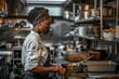 © Ева Поликарпова - A woman is preparing food in a pot in a modern kitchen setting