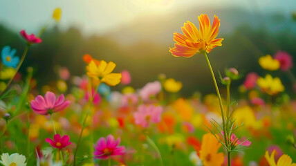 Wall Mural - Colorful wildflowers in a meadow on a summer day, a greeting card in watercolor style