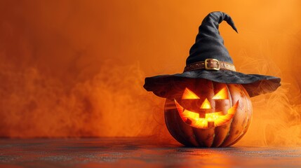 Halloween background pumpkin Jack O Lantern with witch hat