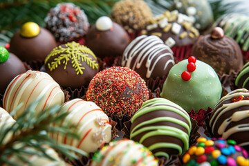 Wall Mural - colorful handmade christmas chocolate truffles displayed in festive settings