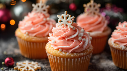 Wall Mural - closeup beautiful cupcakes with pastel coral and pink and snowflakes decoration for christmas sweets